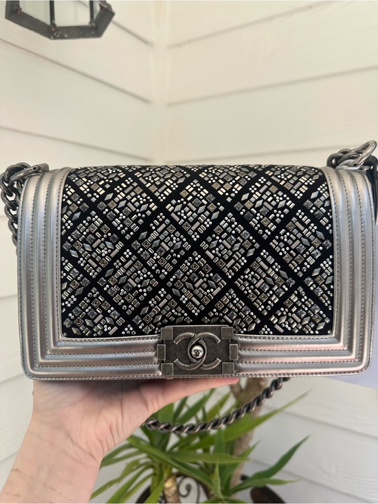 CHANEL Handbags - Chanel Silver Embellished Boy Flap Bag